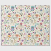 かわいいフクロウの花模様 ラッピングペーパー (フラット)