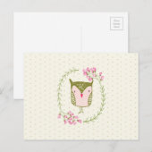 かわいいフクロウの花輪とハート ポストカード (正面/裏面)