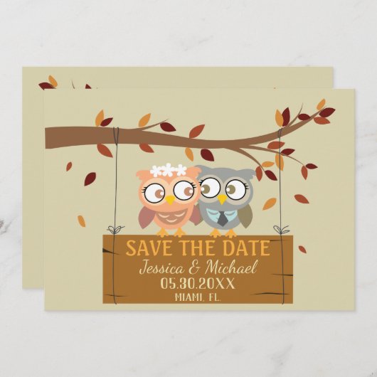 かわいいフクロウの表と裏の結婚式の「save the date」カード 招待状 (正面/裏面)