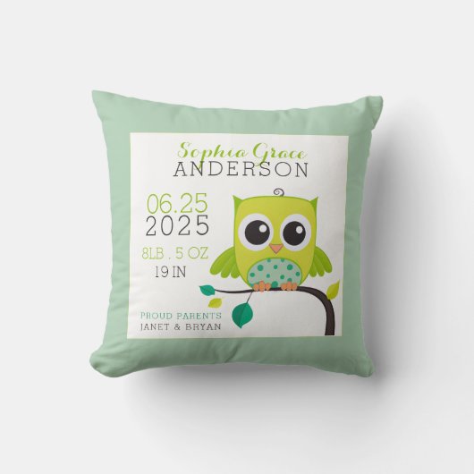 かわいいフクロウの誕生情報メモ 赤ちゃんの寝室 クッション (正面)