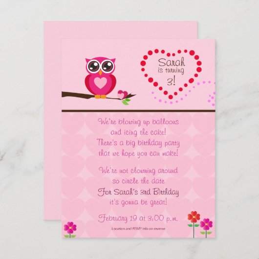 かわいいフクロウの誕生日の招待状 招待状 (正面/裏面)