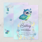 かわいいフクロウの誕生日パーティー　愛らしい招待状 招待状 (正面/裏面)