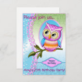 かわいいフクロウの誕生日招待状のお知らせ 招待状 (正面/裏面)