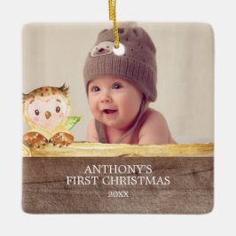 かわいいフクロウの赤ちゃんの1stフォトクリスマスオーナメント セラミックオーナメント