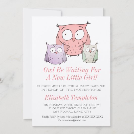 かわいいフクロウの赤ちゃんシャワー女の子ピンク 招待状 (正面)