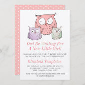 かわいいフクロウの赤ちゃんシャワー女の子ピンク 招待状 (正面/裏面)