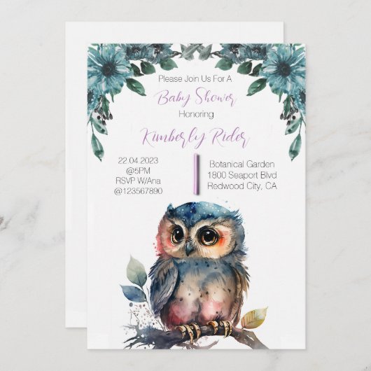 かわいいフクロウの赤ちゃんシャワー 招待状 (正面/裏面)