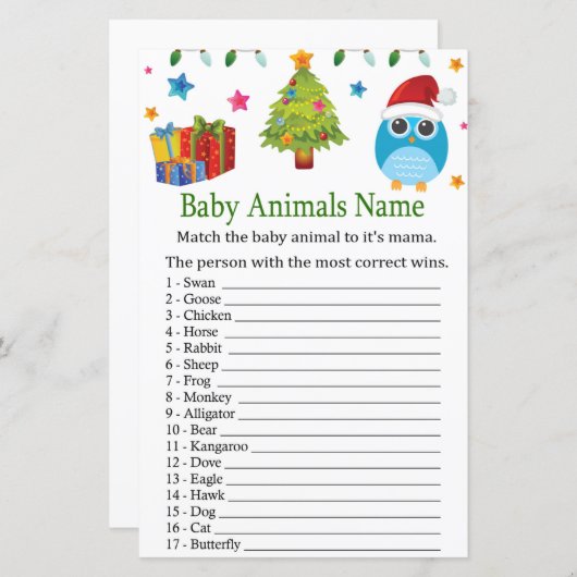 かわいいフクロウの赤ちゃん動物名ゲーム赤ちゃんシャワー (正面/裏面)