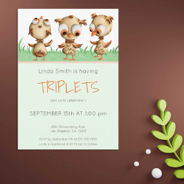 かわいいフクロウの赤ちゃん おとぎ話のような三つ子のベビーシャワー 招待状