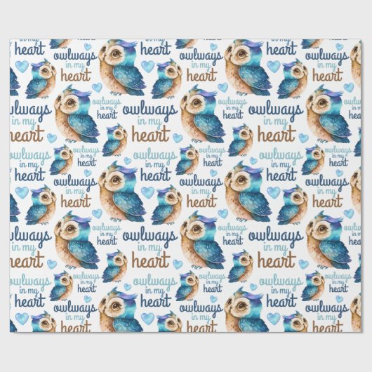 かわいいフクロウの青い愛の道をハート ラッピングペーパー (フラット)
