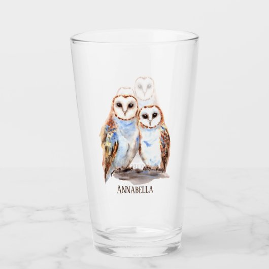 かわいいフクロウの鳥の愛好家に文字を追加 タンブラーグラス (正面)