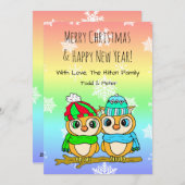 かわいいフクロウのLGBTカップルがクリスマスツリーの枝に シーズンカード (正面/裏面)