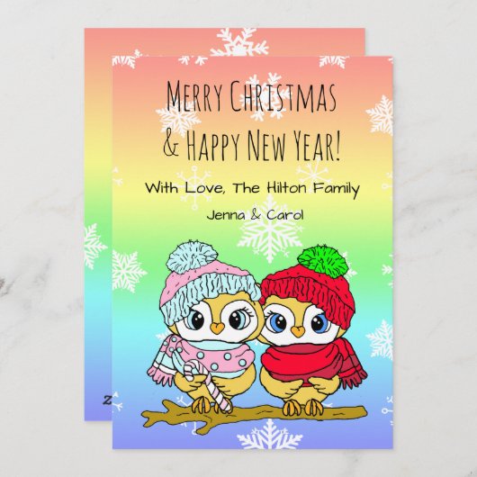 かわいいフクロウのLGBTカップルがクリスマスツリーの枝に シーズンカード (正面/裏面)