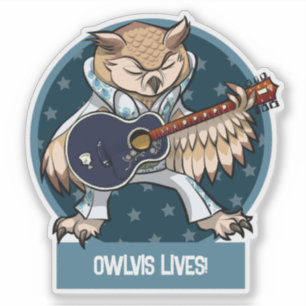 かわいいフクロウのOwlvis Lives！ギターを持つ歌手のキャラクター シール