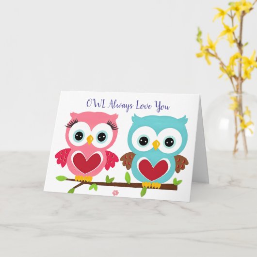 かわいいフクロウはいつもあなたを愛してる 記念日 & バレンタインデー カード (黄色い花)