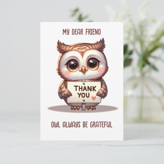 かわいいフクロウはいつも感謝の気持ちでいおもしろいるサンキューカード サンキューカード (スタンド正面)