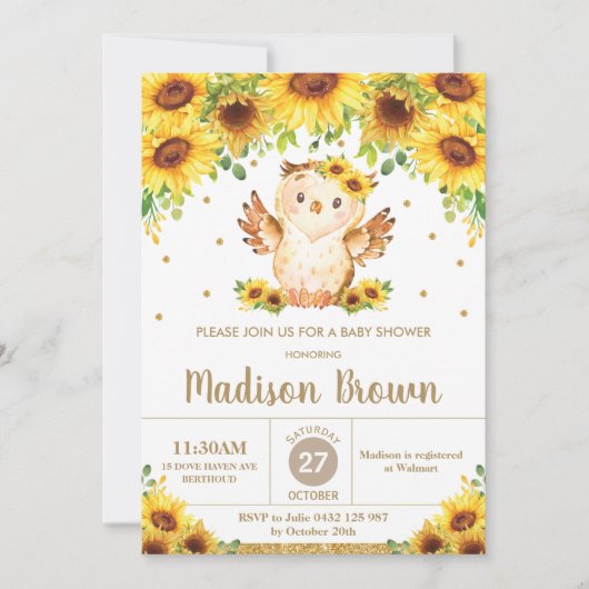かわいいフクロウひまわりフローラシャワーガール  招待状 (正面)