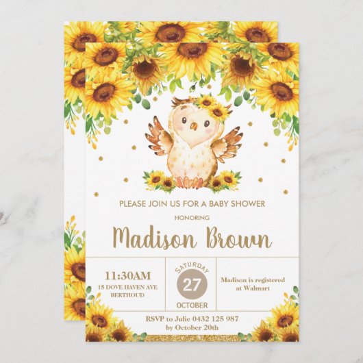 かわいいフクロウひまわりフローラシャワーガール  招待状 (正面/裏面)