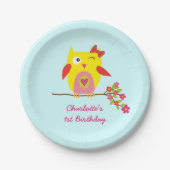 かわいいフクロウイエローピンクの花パーソナライズされた誕生日 ペーパープレート (正面)