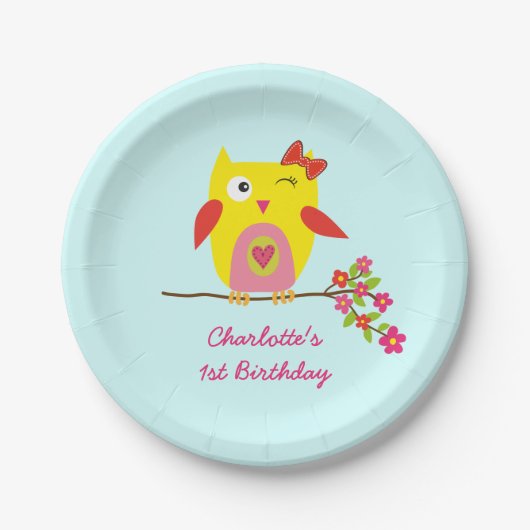 かわいいフクロウイエローピンクの花パーソナライズされた誕生日 ペーパープレート (正面)