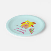 かわいいフクロウイエローピンクの花パーソナライズされた誕生日 ペーパープレート (アングル)