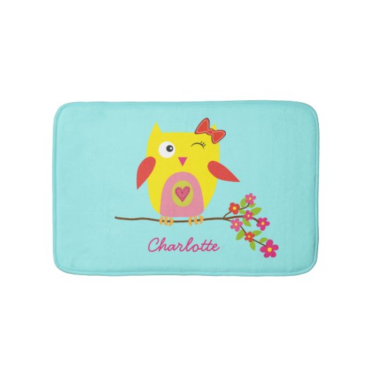 かわいいフクロウイエローピンクイラストレーションカスタマイズ バスマット (正面)