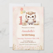 かわいいフクロウウッドランドボホガール1歳の誕生日 招待状 (正面)