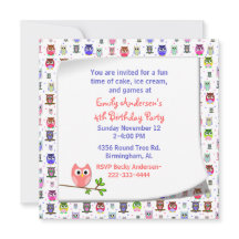 かわいいフクロウオンザブランチ誕生日招待状