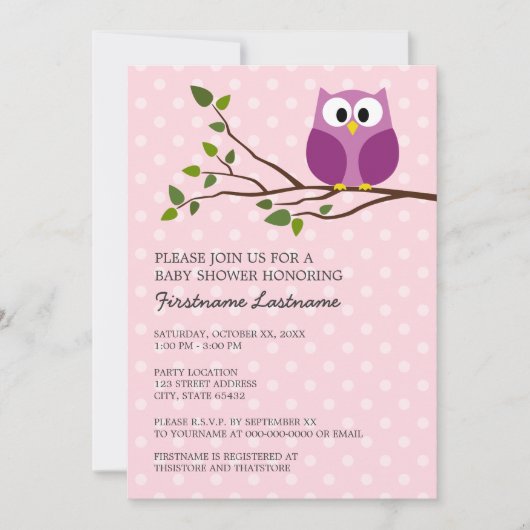 かわいいフクロウオンブランチと水玉模様ベビーガールシャワー 招待状 (正面)