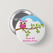 かわいいフクロウオンブランチガール誕生日ボタン 缶バッジ (正面&裏面)