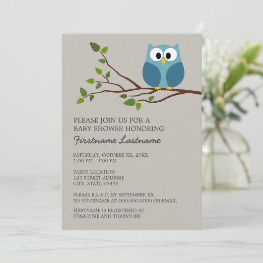 かわいいフクロウオンブランチ男の赤ちゃんシャワー 招待状 (スタンド正面)