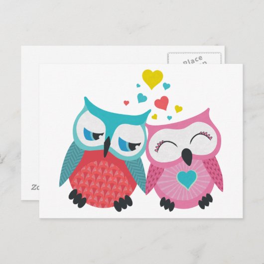 かわいいフクロウカップルとハート ポストカード (正面/裏面)