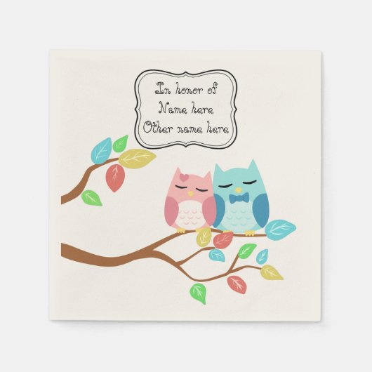 かわいいフクロウカップル スタンダードカクテルナプキン (正面)