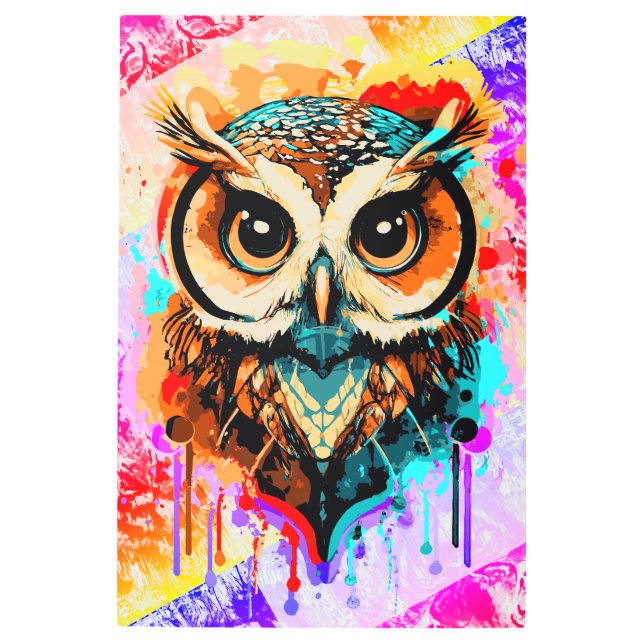 かわいいフクロウカラフルの頭絵を描- Owl's メタルプリント (正面)