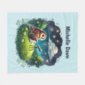 かわいいフクロウハリネズミ星空恋人 名前を追加 フリースブランケット (正面(横))