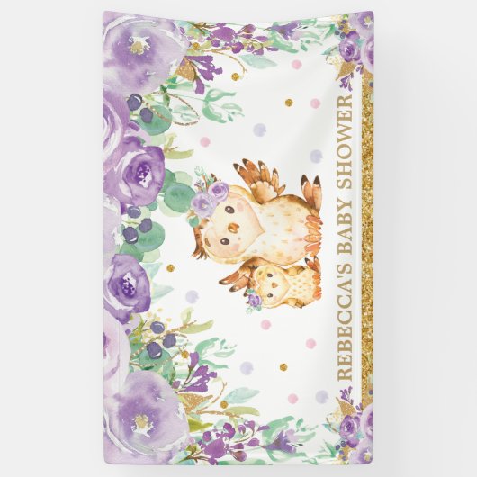 かわいいフクロウパープルフローラ赤ちゃんシャワー背景 横断幕 (縦)