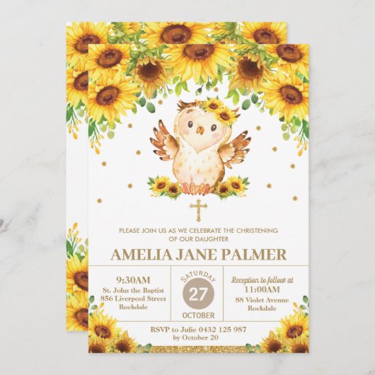 かわいいフクロウヒマワリフローラ《キリスト教》洗礼式や命名式バプティスミガール 招待状 (正面/裏面)