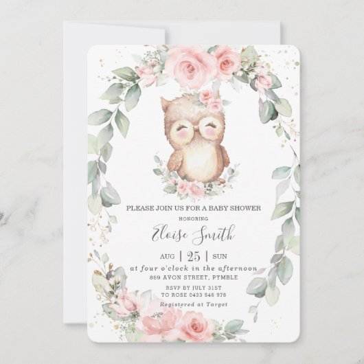かわいいフクロウピンクのフローラ緑のベビーシャワー  招待状 (正面)