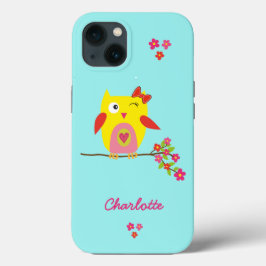 かわいいフクロウピンクの花キッズパーソナライズされた名 iPhone 13ケース