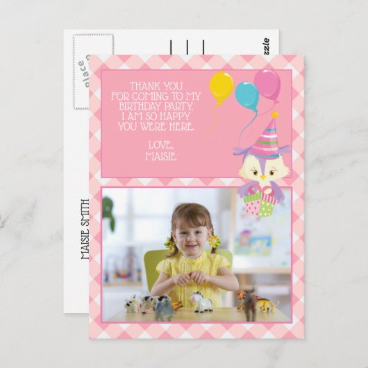 かわいいフクロウピンクギンガムチャイルド誕生日ありがとう ポストカード (正面/裏面)
