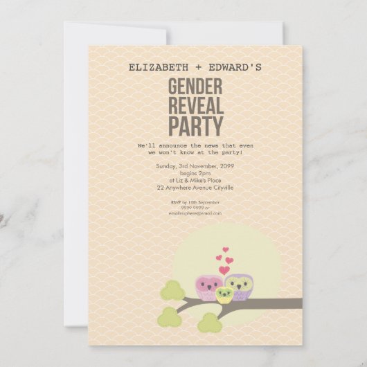 かわいいフクロウファミリーベビージェンダーリビールパーティー招待状 招待状 (裏面)