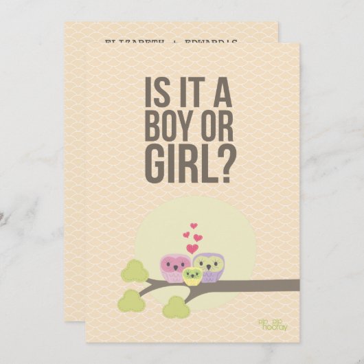 かわいいフクロウファミリーベビージェンダーリビールパーティー招待状 招待状 (正面/裏面)