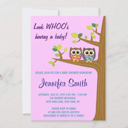 かわいいフクロウベビーシャワー招待状 招待状 (正面)