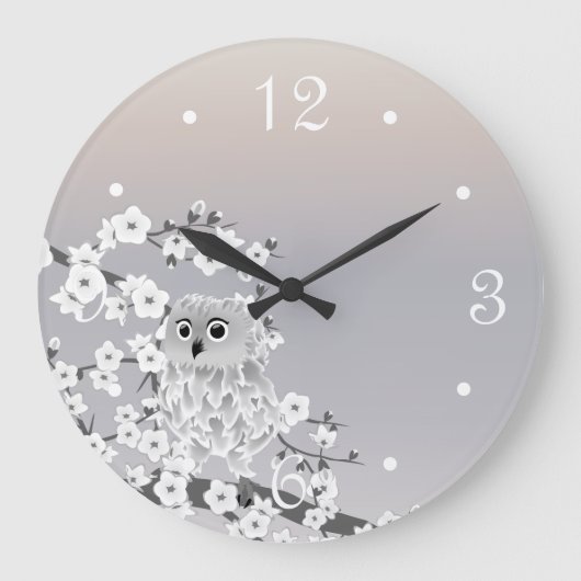 かわいいフクロウベージュたうえ白い数字 ラージ壁時計 (正面)