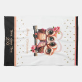 かわいいフクロウペアラブバレンタイン名前をカスタムする キッチンタオル (横)