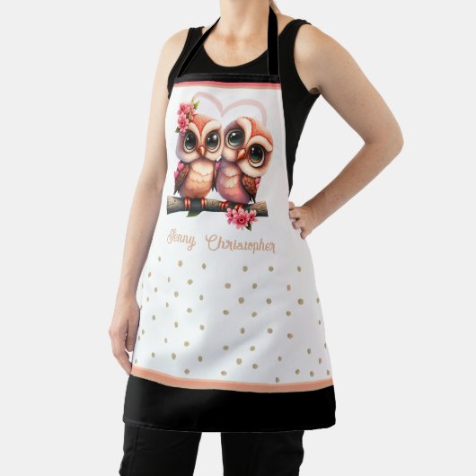 かわいいフクロウペア愛バレンタイン名前をカスタムするエプロン エプロン (インサイチュ)