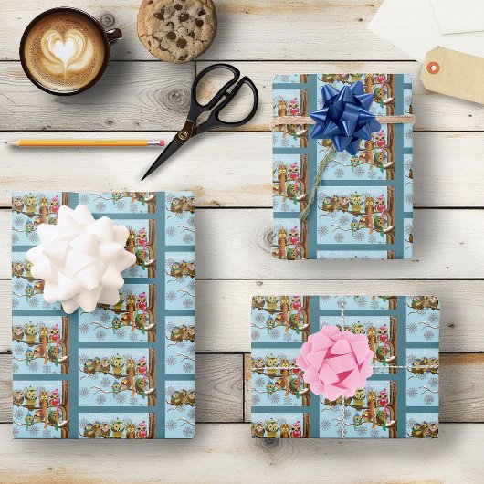 かわいいフクロウ冬の雪の結晶 ラッピングペーパーシート