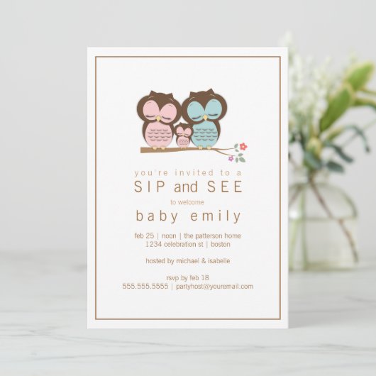 かわいいフクロウ家族のsipと参照ベビー挨拶招待状 招待状 (スタンド正面)
