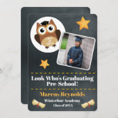 かわいいフクロウ就学前の写真発表 招待状 (正面/裏面)