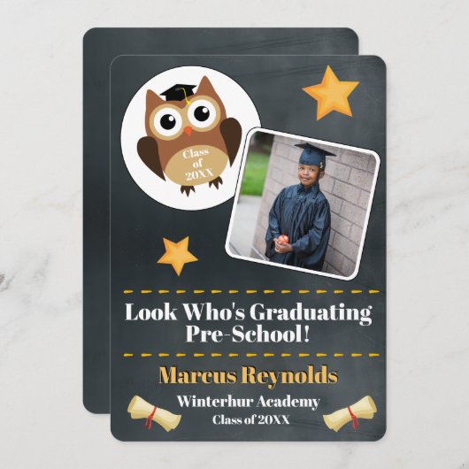 かわいいフクロウ就学前の写真発表 招待状 (正面/裏面)